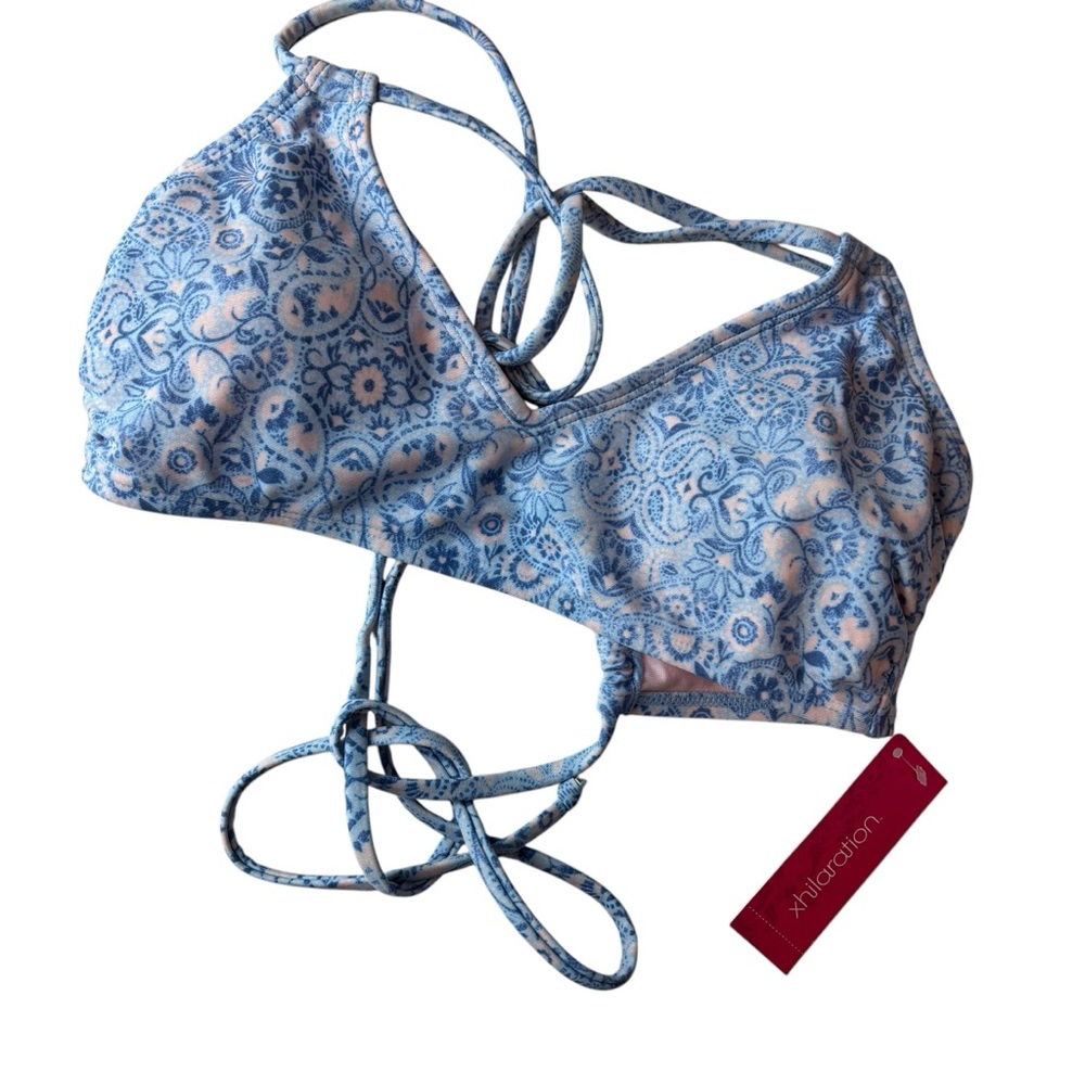 Xhilaration blue paisley floral v-neck string bikini top size medium NWT